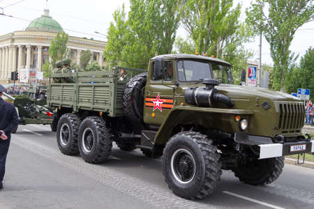 Donetsk, Donetsk Peoples Republic, Ukraine, May 9, 2018. A convoy of military vehicles with...