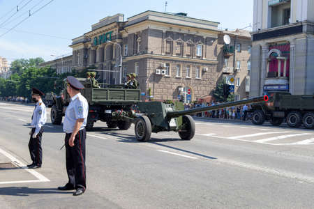 Donetsk, Donetsk People Republic, Ukraine, June 24, 2020: A convoy of military vehicles with Soviet...