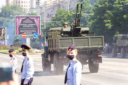 Donetsk, Donetsk People Republic, Ukraine, June 24, 2020: Soviet military trucks with anti-aircraft...