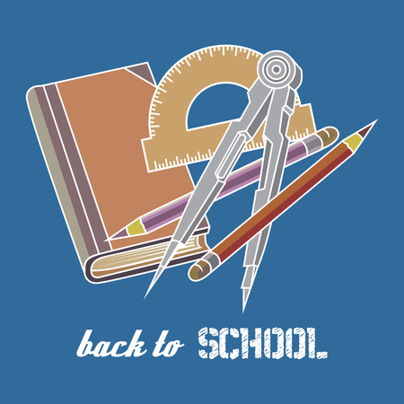 A protractor, pencils, the book on a blue background. Vector template.のイラスト素材