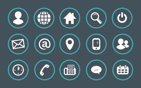 Symbols contact person, fax, phone, message, globe, letter, calendar, address, hours, magnifying glass, switch, house.のイラスト素材