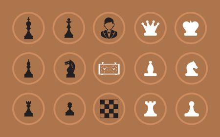 Set of 15 vector icons. Rook, king, pawn, bishop, queen, knight, people avatar chess clock Flat design Monochromeのイラスト素材