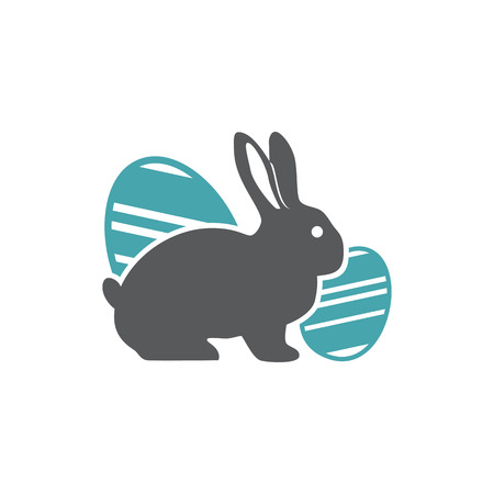 The vector illustration a rabbit sits a splitting off of two Easter eggs.のイラスト素材