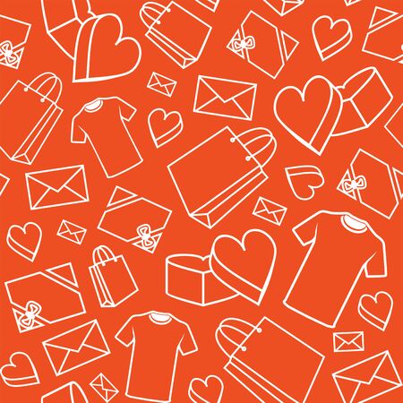 White lines on red background. Seamless heart pattern, letter envelope, heart box, t-shirt, package packaging. Flat design.のイラスト素材