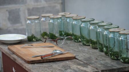 Composition of empty cans for preservation at home backgroundの写真素材