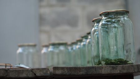 Composition of empty cans for preservation at home backgroundの写真素材