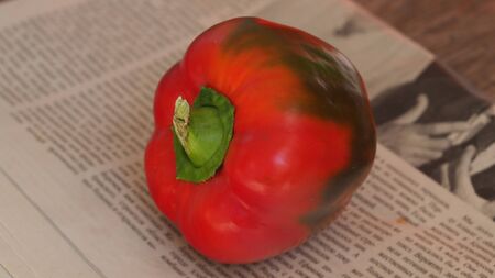 Red bell pepper lying on the table close-up shotsの写真素材