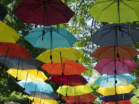 Colorful umbrellas hang at the topの写真素材