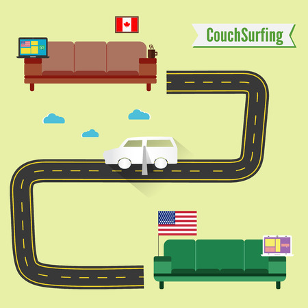 Couch surfing concept. Share your couch. Funny paper car. Vector. From Canada to USA. Free weekendのイラスト素材