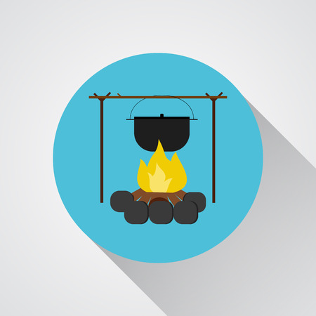 Campsite Bonfire with a camping pot - vector icon with shadow on a round blue button.のイラスト素材