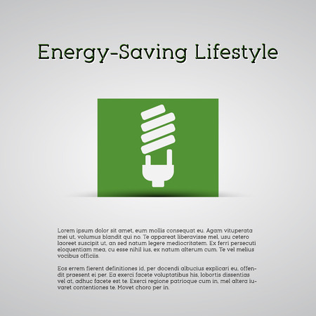 Energy Saving Lifestyle poster. Silver Background. With energy saving lamp on a green card. Minimalistic design. Vectorのイラスト素材