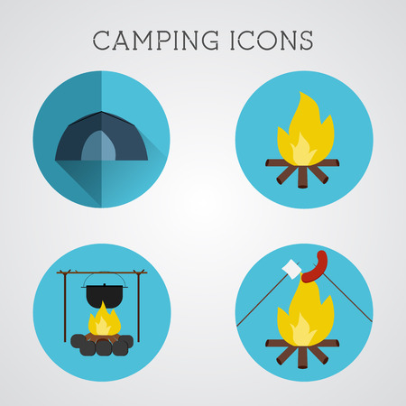 Set of camping symbols and icons. Flat design on blue buttons background. Summer vacation 2015 logo. Vectorのイラスト素材