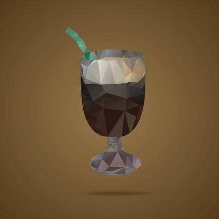 Polygonal cup of coffee with a green tubule on a brown background. Triangle design. Vector illustrationのイラスト素材
