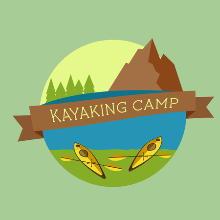 Kayaking camp icon. Expedition label and sticker. Unusual design. Summer outdoor adventures. Colorful. Vectorのイラスト素材