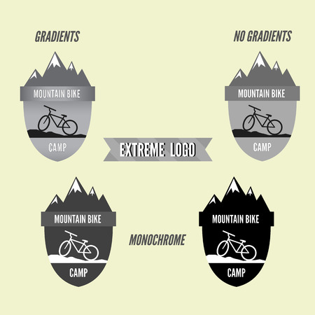 Set of mountain bike camping badge and banner. Bicycle for extreme lifestyle. Grayscale design with gradients, no gradients and monochrome. Vector illustrationのイラスト素材