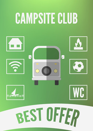 Campsite club promotion infographic with retro car and white icons. Flat design. Vector illustrationのイラスト素材