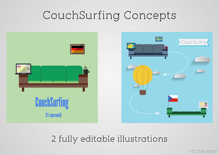 Set of Couch surfing concept. Travel infographic. Share your sofa. 2015. Travel all over the world for free. Can be used as poster, banner, card, template etc. Flat minimalistic design. Vectorのイラスト素材