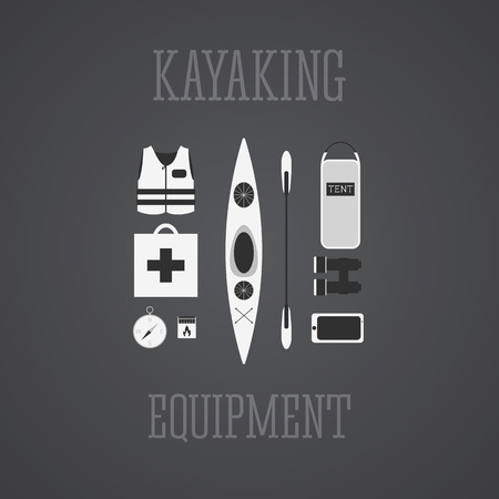 Kayaking equipment icons set. Kayak illustration on a grayscale design. With tent, compass, mobile device, binoculars, life jacket, matches and medicine chest. Vector illustration.のイラスト素材