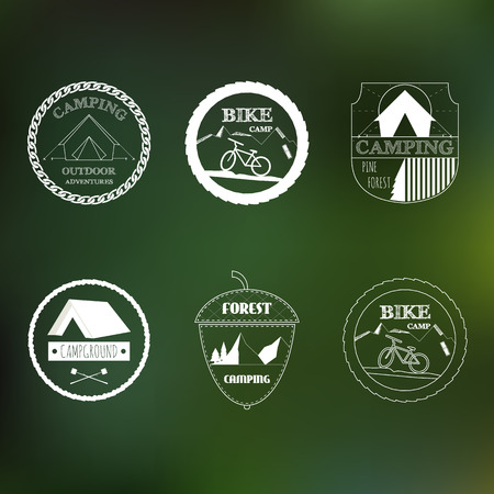 Retro outdoor icon elements for Summer design. Vintage ornaments. All for Summer holidays. Camping, forest, sea, sunshine, weekend tour, adventure labels. vector illustration setのイラスト素材