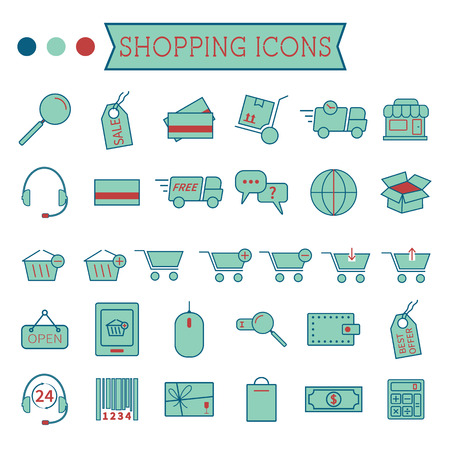 Set of On-Line Shopping icons isolated on white background. Stylized 3 colors. Minimalistic design. Can be use as elements in infographics, as web and mobile icons etc. Easy to recolor and resize. Vector illustrationのイラスト素材