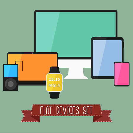 Set of modern business  ui devices - digital tablet, mobile devices, smart watch, music player, laptop. Stylish color design. Isolated on green background. Vector illustrationのイラスト素材
