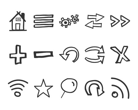 Set of hand drawn web icons and icon, internet browser elements. Sketch, doodle stylish and unusual design. vector illustrationのイラスト素材