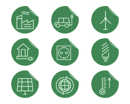 Ecological and environmental protection outline icon set. Thin line design. Eco green technologies. On flat stickers. Isolated on white background. Vector illustrationのイラスト素材