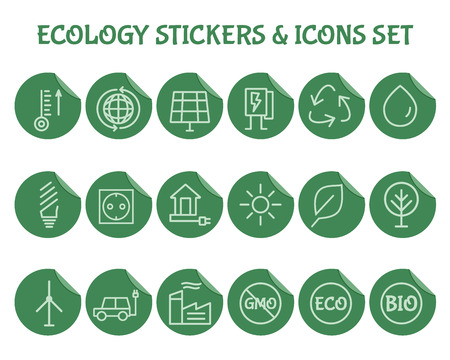Green, Ecology and environmental protection outline icon set. Simple Thin line design. Eco technologies. On flat green stickers. Isolated on white background. Vector illustrationのイラスト素材