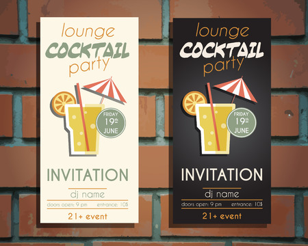 Lounge cocktail party flyer invitation template with Screw driver cocktail. Vintage design for bar or restaurant. Isolated on brick wall background. Vector illustrationのイラスト素材