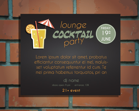 Lounge cocktail party poster invitation template with Screw driver cocktail. Vintage design for bar or restaurant. Isolated on brick wall background. Vector illustrationのイラスト素材
