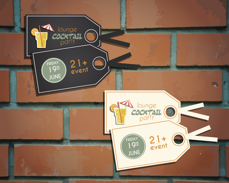 Lounge cocktail party stickers and labels invitation template with Screw driver cocktail. Vintage design for bar or restaurant. Isolated on brick wall background. Vector illustrationのイラスト素材