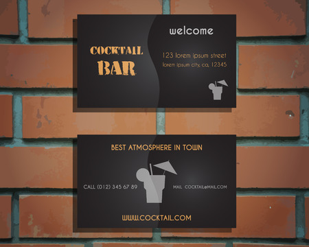 Lounge cocktail bar visiting card template with silhouette Screw driver cocktail icon, logo. Vintage design for bar or restaurant. Isolated on brick wall background. Vector illustrationのイラスト素材