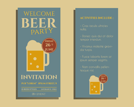 Beer party flyer invitation template with glass of beer. Vintage design for club, pub or night beer party. Isolated on retro color background. Vector illustrationのイラスト素材