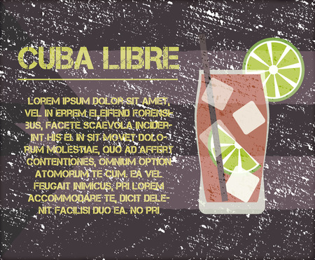 Cuba Libre cocktail with text description. Retro design. On vintage Cuba flag background. Vector illustrationのイラスト素材