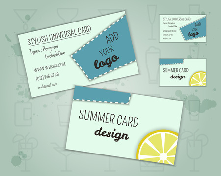 Summer cocktail party business card layout template with blue lagoon cocktail, lemon and cherry elements. Fresh Modern ice design for cocktail bar. Isolated on unusual background. Vector illustrationのイラスト素材