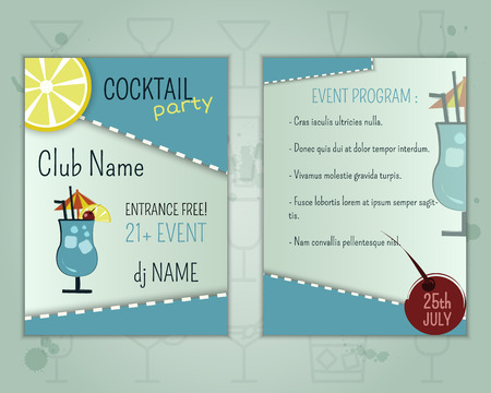 Summer cocktail party flyer layout template with blue lagoon cocktail and event program.のイラスト素材