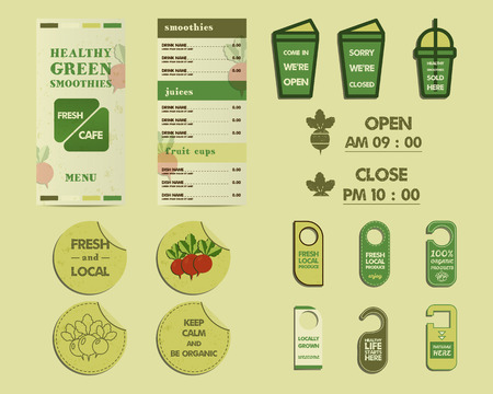 Set of Summer Farm Fresh branding identity elements. Mock up design with shadow. Menu card, label and sticker Best for natural shop, organic fairs, eco markets and local companies. Vectorのイラスト素材