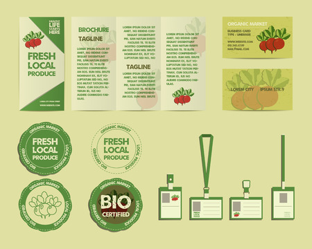 Set of Summer Farm Fresh branding identity elements. Organic design. Mock up. Flyer, logo template, business card. Best for natural shop, organic fairs, eco markets and local companies. Vectorのイラスト素材