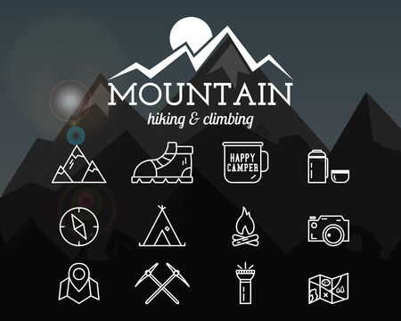 Summer mountain camp badge, template and label. Travel, hiking, climbing line icons. Thin and outline design. Outdoor. Best for adventure sites, travel magazine etc.On blurred background. Vectorのイラスト素材