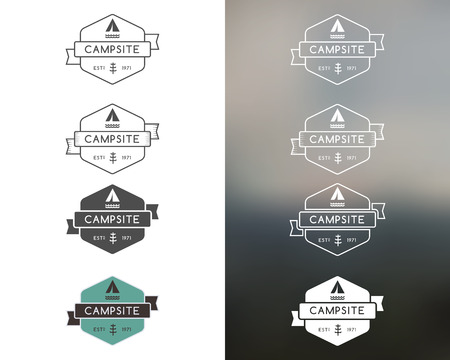 Set of outdoor adventure and forest camp, hiking badge logo, emblem logo, label design. Monochrome, color, line style. Summer travel with family. Vector illustrationのイラスト素材