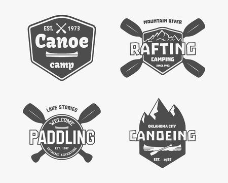 Set of vintage rafting, kayaking, paddling, canoeing camp , labels and badges. Stylish Monochrome design. Outdoor activity theme.のイラスト素材
