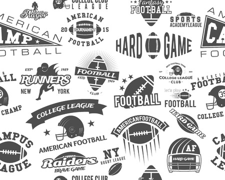 College rugby and american football team seamless pattern in retro style. Graphic vintage design for league tournaments, t-shirt, websites. Sports print on a white background. Vector illustrationのイラスト素材