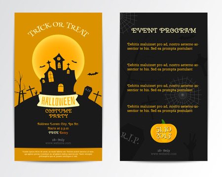 Halloween card invitation. Vector. Dark, orange minimal and flat design. Costume party style. Can be use for cover design poster, flyer, brochure, cardのイラスト素材