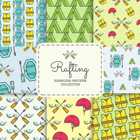 Rafting equipment seamless pattern collection. Outdoors style, thin line color design. Stylish elements for web, mobile applications, banners, flyers, posters, brochures. Boat, life jacket. Vector.のイラスト素材