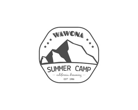 Vintage summer or winter camping badge, outdoor , emblem and label concept for web, print. Retro stylish monochrome design. Mountain concept and text. Easy to change color. Vector illustrationのイラスト素材