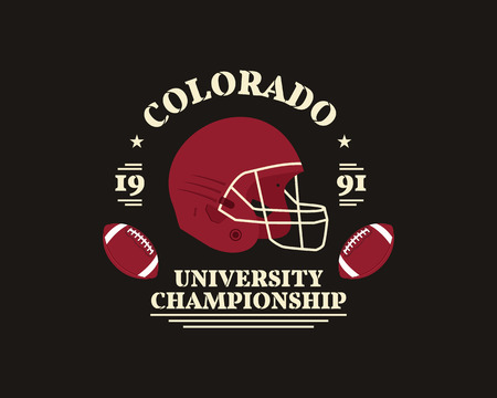 American football university championship badge, logo, label, insignia with helmet in retro color style. Graphic vintage design for t-shirt, web. Colorful print isolated on a dark background. Vector.のイラスト素材