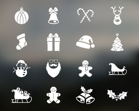 Christmas, Happy New Year and Winter icons collection. Set of holidays symbols, elements - santa, deer, gift, snowman, candy, toys for web, app, ptint Vector silhouette isolated on blurred backgroundのイラスト素材