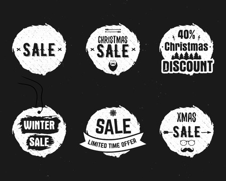 Set of Christmas sale ink, watercolor banners, labels, badges, stamps with a winter shopping tag and snowflake and other elements. New year discount coupons, card. Hand drawn design. Vector.のイラスト素材