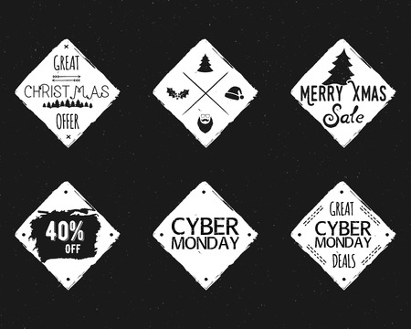 Set of Christmas, cyber monday sale ink, watercolor banners, labels, badges, stamps with a winter shopping tag, tree. New year discount coupons, card. Hand drawn hipster design. Vector illustrationのイラスト素材