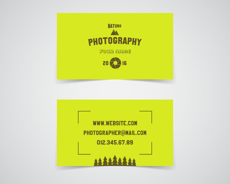 Modern light Business card template for nature photography studio. Unusual design. Corporate brand identity template with shutter logo, badge element. Photograph label. Realistic shadow. Vector.のイラスト素材